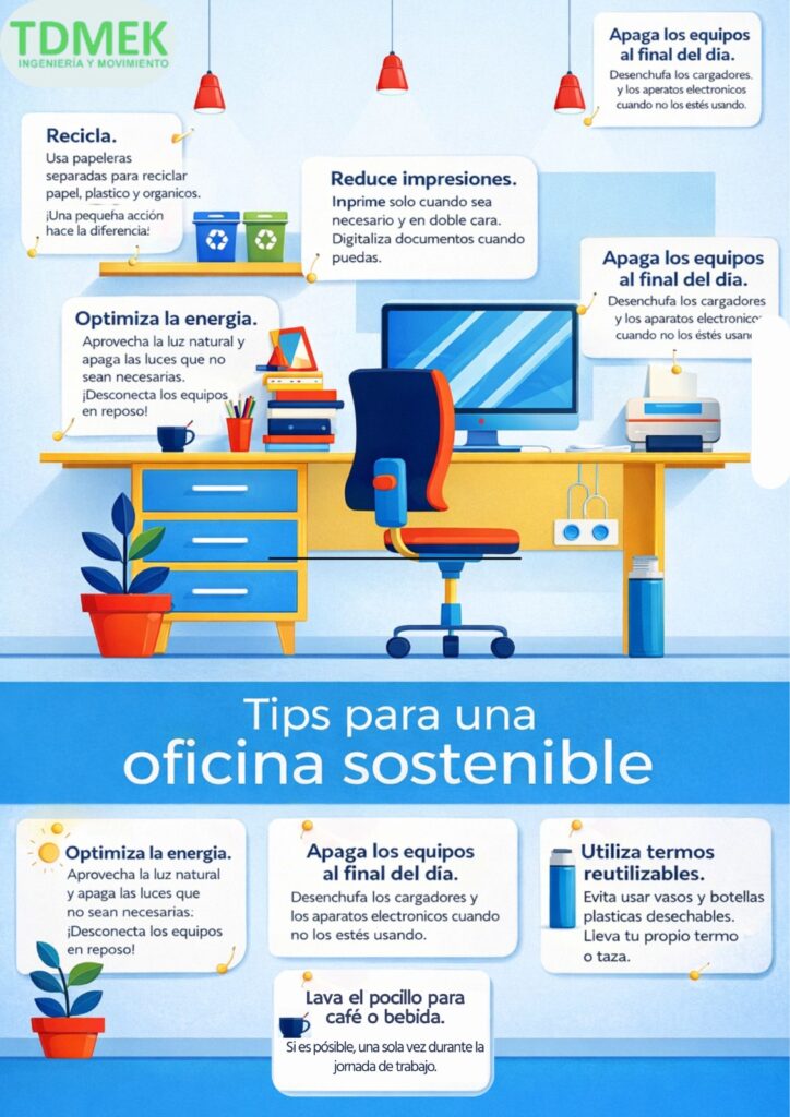 Infografía TDMEK con tips para una oficina sostenible, reciclaje, ahorro de energía, reducción de impresiones y uso de termos reutilizables.