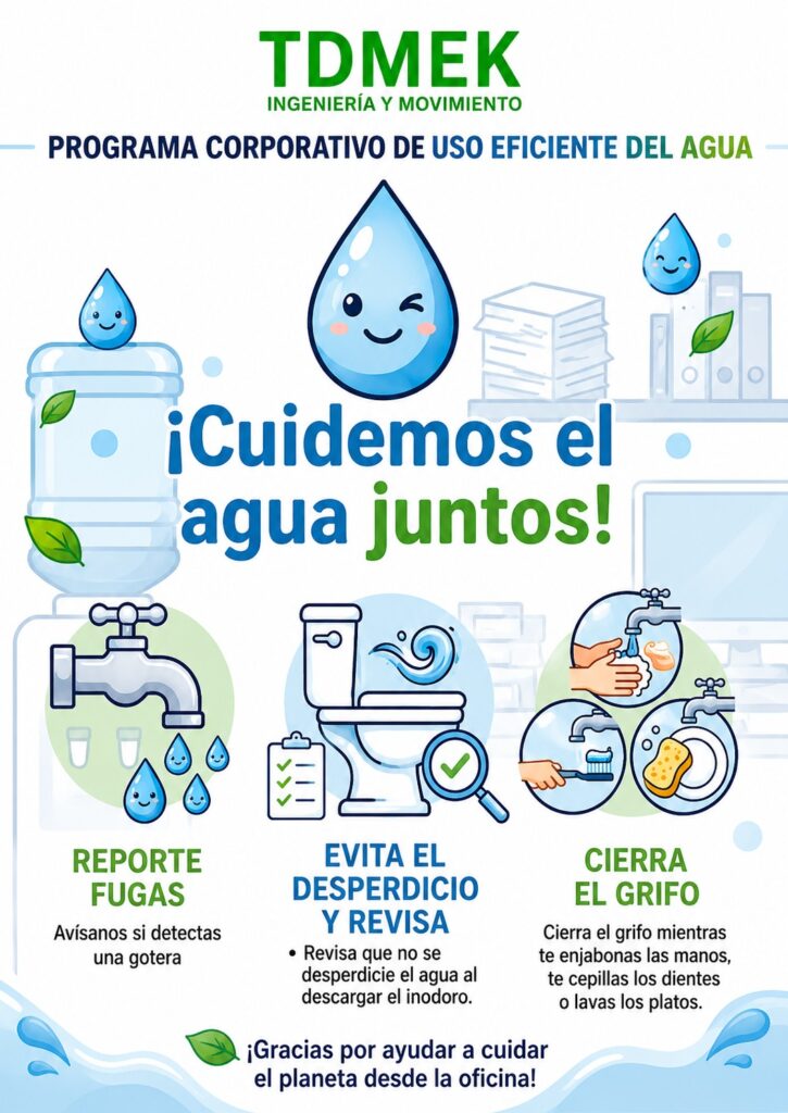 Infografía TDMEK sobre uso eficiente del agua en oficinas y lugares de trabajo, con recomendaciones para cerrar llaves, reportar fugas y evitar desperdicios.