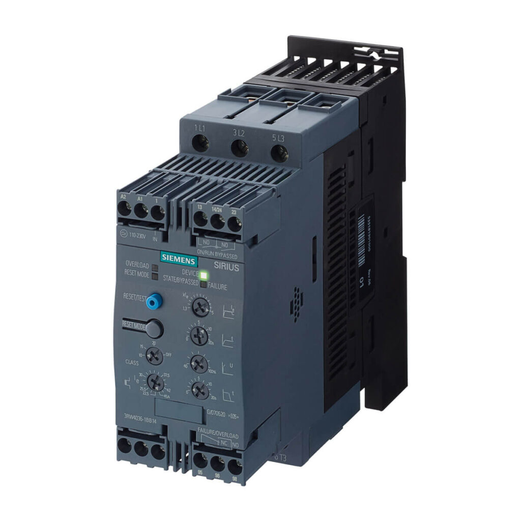 Arrancador suave Siemens SIRIUS 3RW para arranque y parada progresiva de motores trifásicos en aplicaciones industriales.