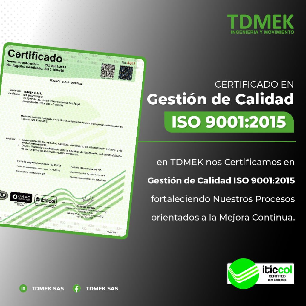 Certificado ITICCOL ISO 9001:2015 de TDMEK Ingeniería y Movimiento para gestión de calidad y mejora continua en procesos industriales.