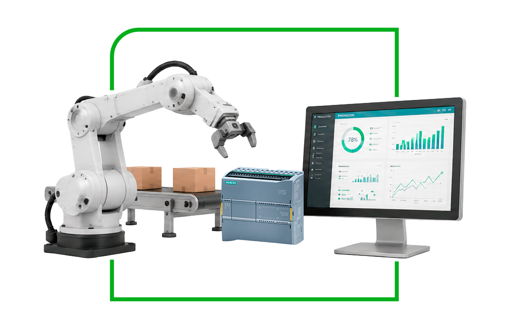 Brazo robótico industrial con banda transportadora, PLC Siemens SIMATIC S7-1200 y pantalla de monitoreo para automatización y control de producción.
