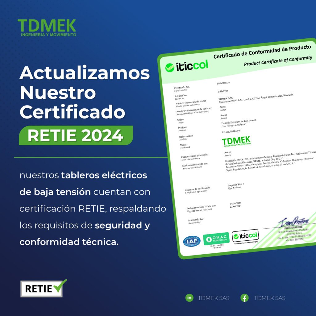 Certificado de conformidad de producto RETIE de TDMEK Ingeniería y Movimiento para tableros eléctricos de baja tensión, emitido por ÍTICCOL.
