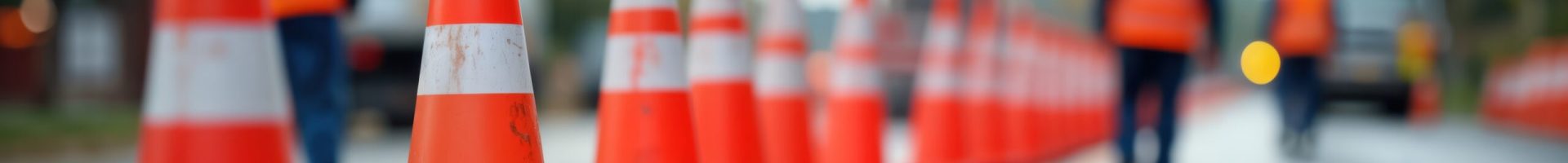 Road workers install traffic cones barriers. Construction zone safety measures in place. Workers in orange vests control area. Road repair development project underway. Modern infrastructure